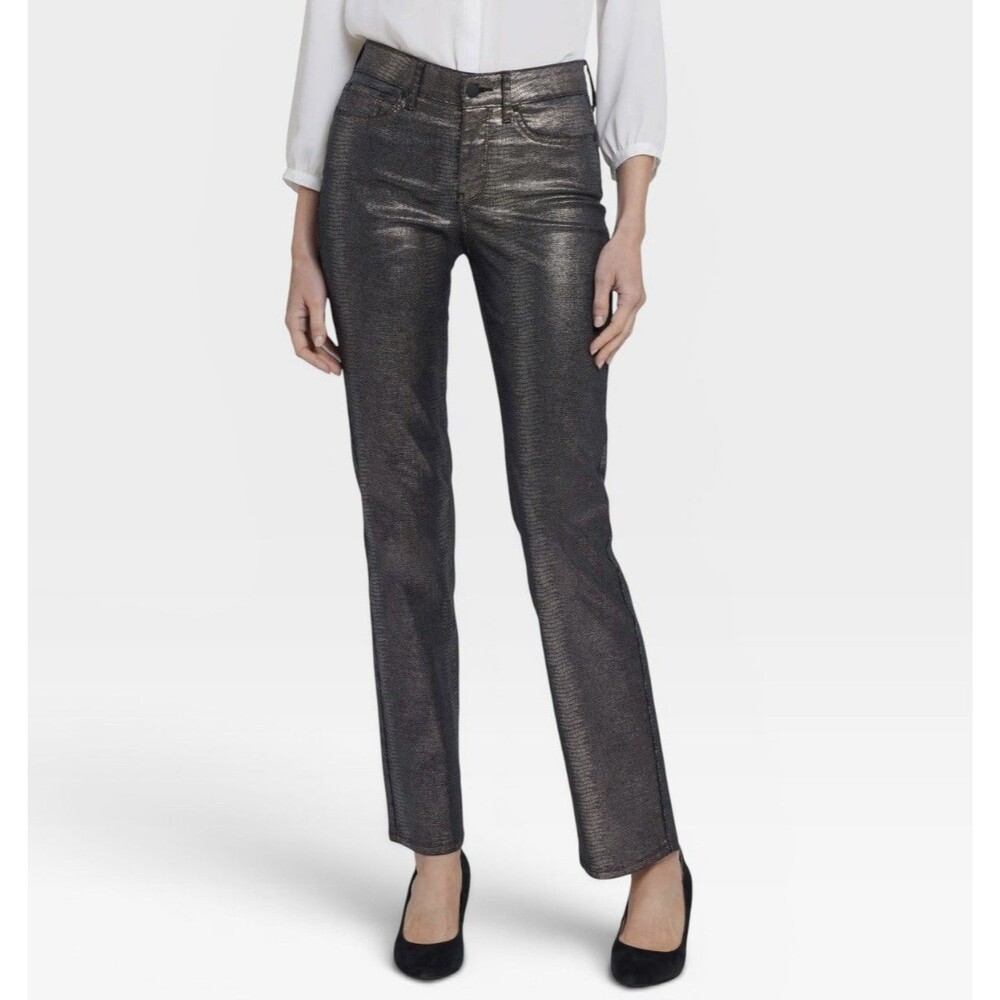 NYDJ Marilyn Straight Pants Copper Coated Snake Jeans Lift Tuck Women’s Size 4